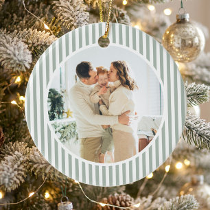 Modern Sage Green Stripes Christmas Family Photo Ceramic Ornament