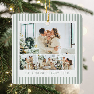 Modern Sage Green Stripes Family Photo Collage Ceramic Ornament