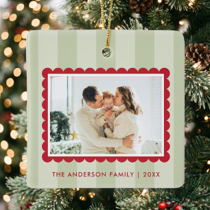 Modern Sage Green Stripes Photo Christmas Ceramic Ornament