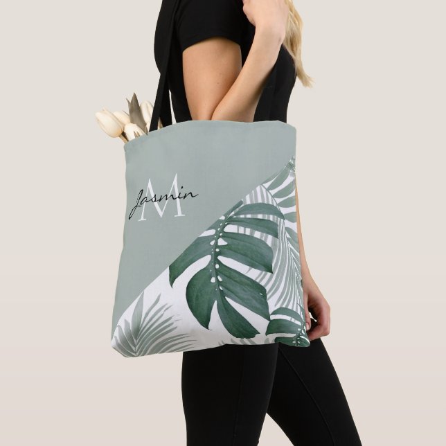 Modern Sage Green Tropical Leaf Monogram Tote Bag (Close Up)
