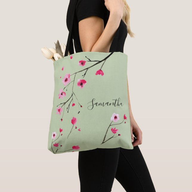 Modern sage green watercolor cherry blossoms Name  Tote Bag (Close Up)