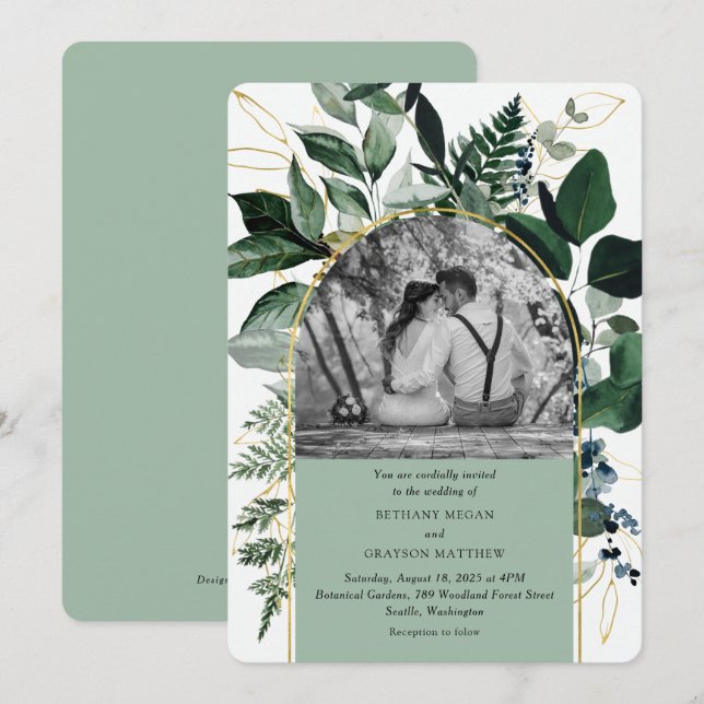Modern Sage Green  Watercolor Leaves photo wedding Invitation (Front/Back)