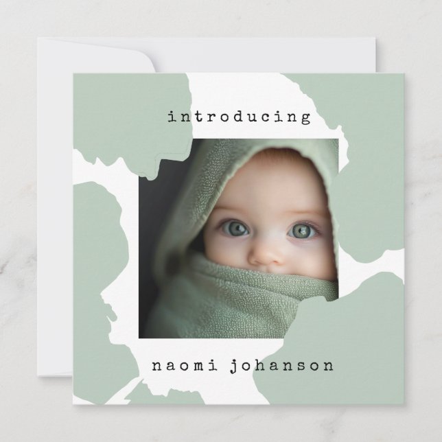 Modern Sage Green Watercolour Baby Announcement (Front)