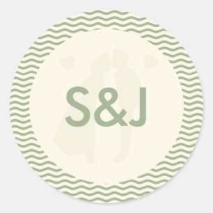 Modern Sage Green Wavy Stripe Monogram Wedding Classic Round Sticker