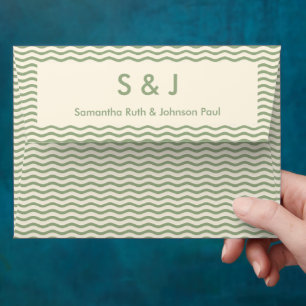 Modern Sage Green Wavy Stripe Monogram Wedding Envelope