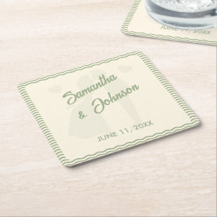 Modern Sage Green Wavy Stripe Wedding Square Paper Coaster