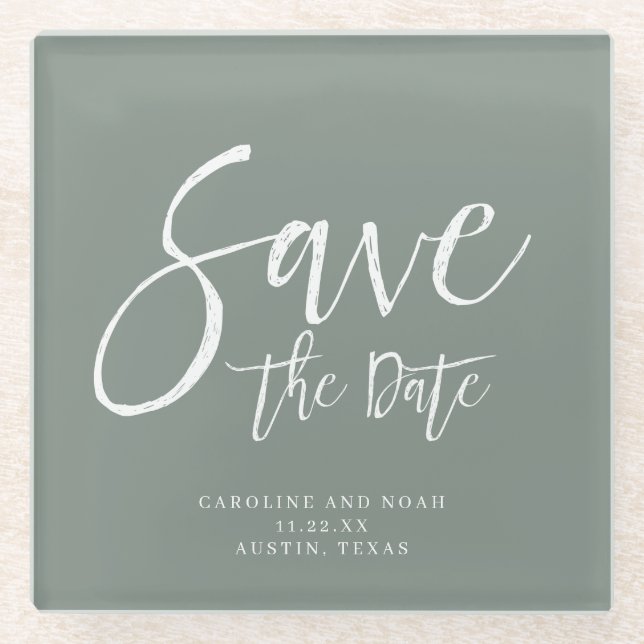Modern Sage Green Wedding Save the Date Glass Coaster (Front)