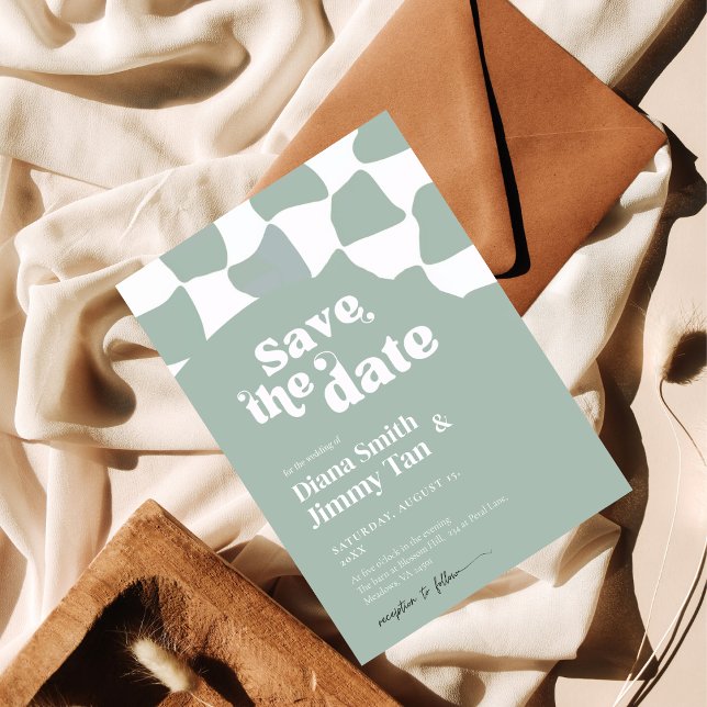 Modern Sage Green White Chequerboard Save the Date Invitation (Creator Uploaded)