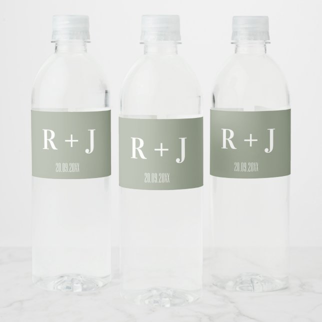 Modern Sage Green & White Monogram Wedding Water Bottle Label (Bottles)