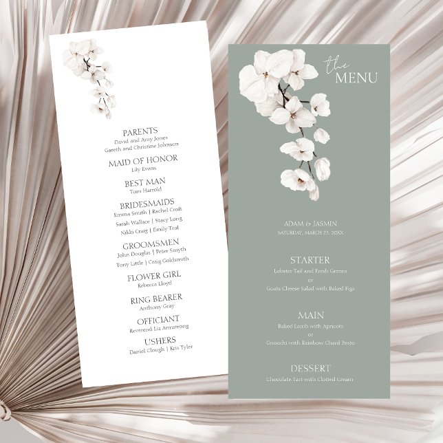 Modern Sage Green White Orchid Wedding Menu (Modern Sage Green White Orchids Wedding Menu Cards)