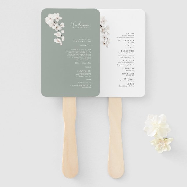 Modern Sage Green White Orchids Wedding Program Hand Fan (Front and Back)