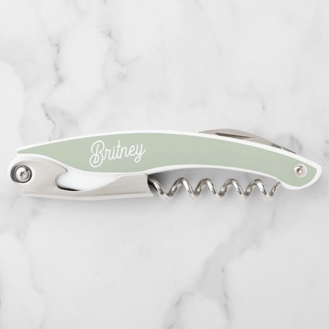 Modern Sage Green White Personalized Monogram Name Corkscrew (Front)
