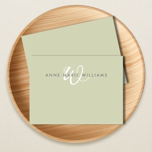Modern Sage Green White Script Monogram Card (Creator Uploaded)