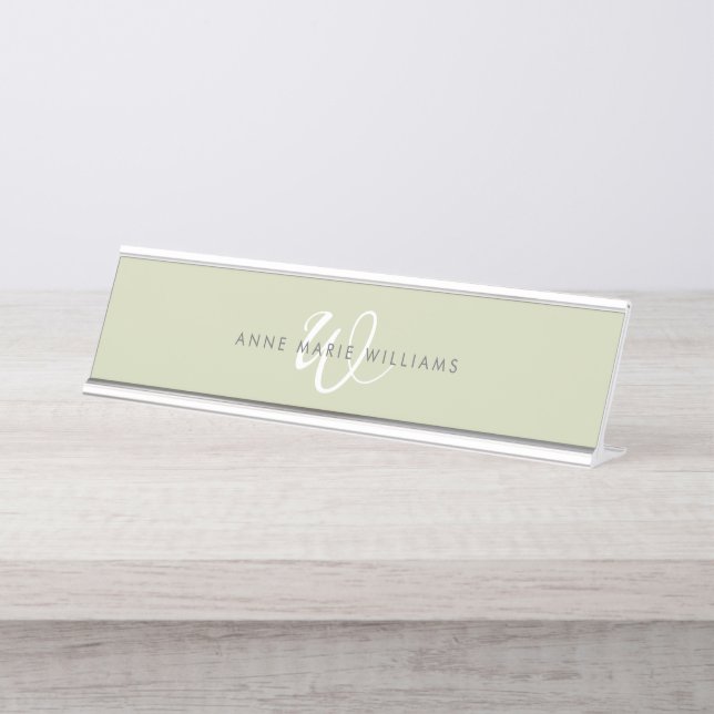 Modern Sage Green White Script Monogram Desk Name Plate (Front)