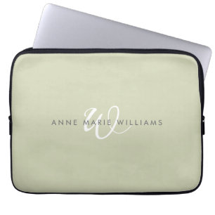 Modern Sage Green White Script Monogram Laptop Sleeve