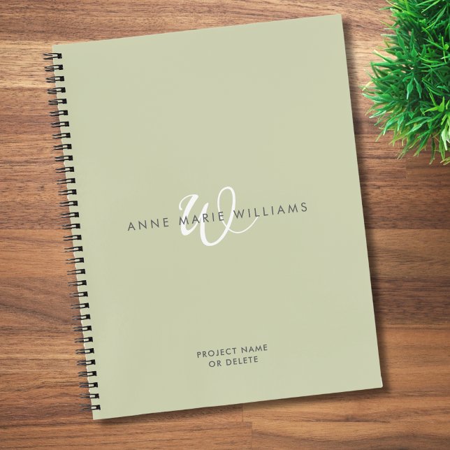 Modern Sage Green White Script Monogram Notebook (Creator Uploaded)