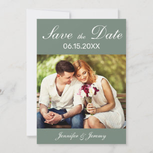 Modern Sage Green White Script Photo Wedding Save The Date