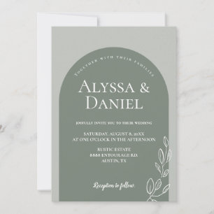 Modern Sage Green White Simple Arch Wedding Invitation