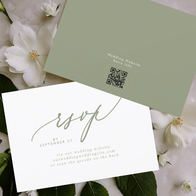 Modern Sage Green White Simple Wedding QR CODE RSVP Card (Creator Uploaded)