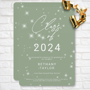 Modern Sage Green & White Sparkle Graduation Announcement