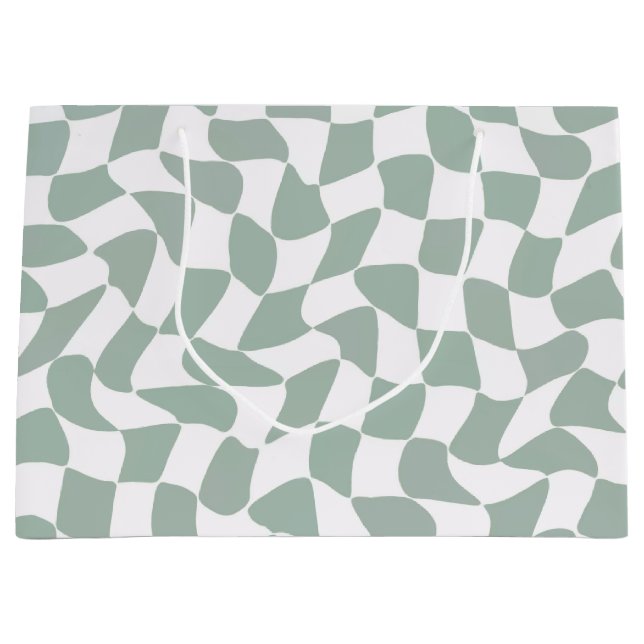 Modern Sage Green & White Wavy Chequerboard Large Gift Bag (Front)