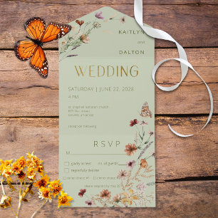 Modern Sage Green Wildflower Bouquet Dinner All In One Invitation