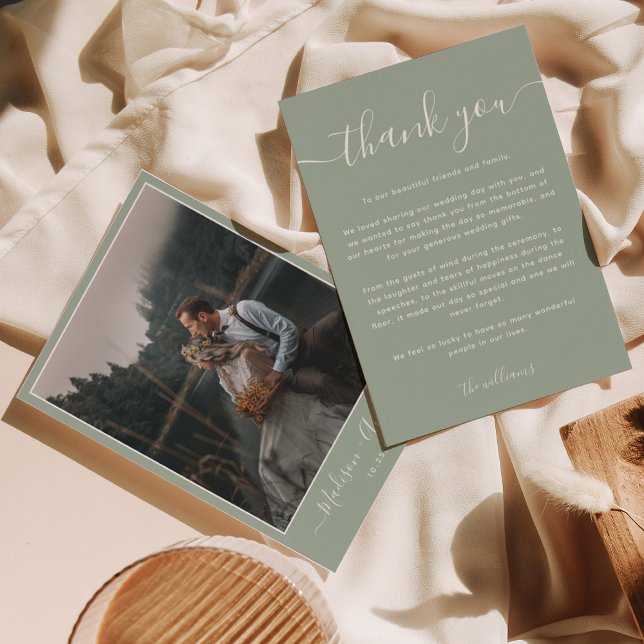 Modern Sage Green with Two Photo Wedding Thank You Card (Creator Uploaded)