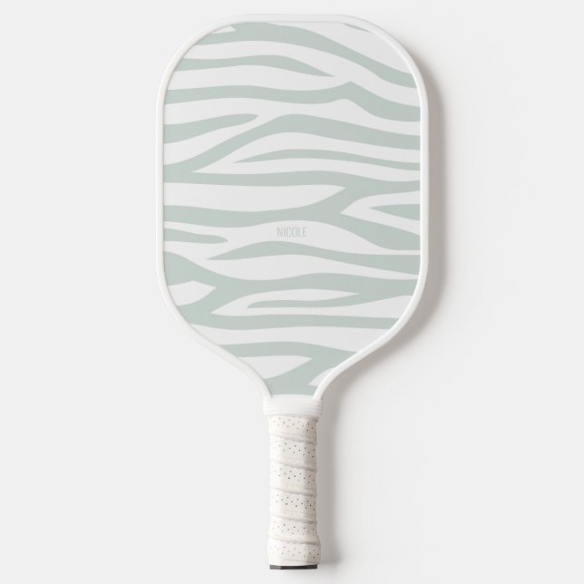 Modern Sage Green Zebra Print Personalized Pickleball Paddle (Front)