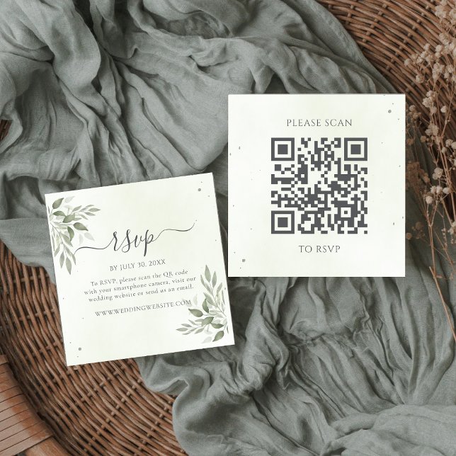 Modern Sage Greenery Square QR Code RSVP  Enclosure Card (Creator Uploaded)