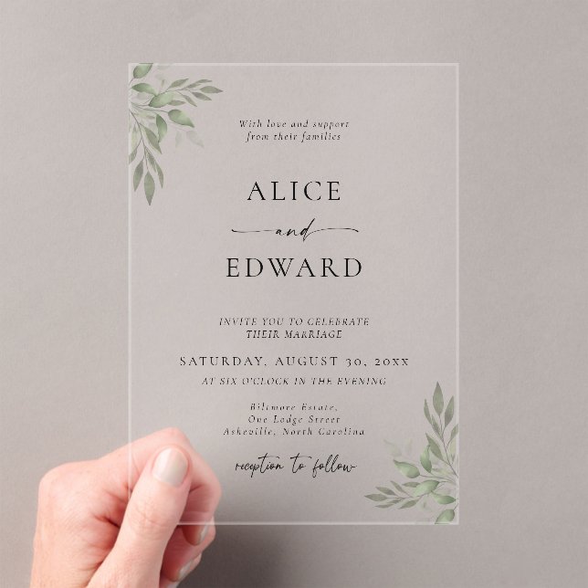 Modern Sage Greenery Wedding Acrylic Invitation (Insitu (Handheld))