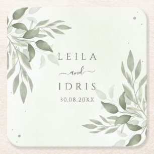 Modern Sage Greenery Wedding Paper Napkins Square Paper Coaster