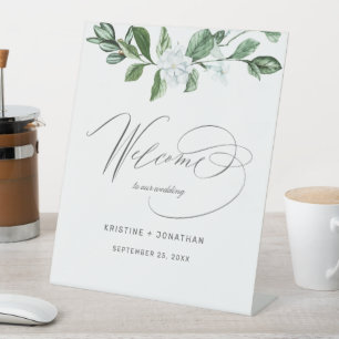 Modern Sage Greenery White Floral Wedding Welcome Pedestal Sign
