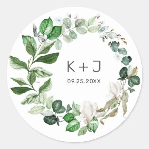 Modern Sage Greenery Wreath White Floral Wedding C Classic Round Sticker