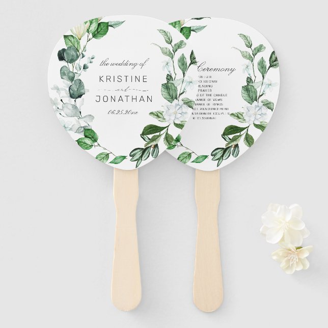 Modern Sage Greenery Wreath White Floral Wedding Hand Fan (Front and Back)