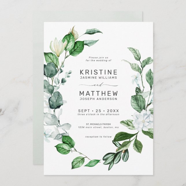 Modern Sage Greenery Wreath White Floral Wedding Invitation (Front/Back)