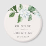 Modern Sage Greenery Wreath White Floral Wedding Magnet<br><div class="desc">This elegant botanical floral wedding magnet features hand painted watercolor greenery with white magnolia flowers. Personalize with your names and wedding date. Designed by Susan Coffey.</div>