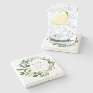 Modern Sage Greenery Wreath White Floral Wedding Stone Coaster