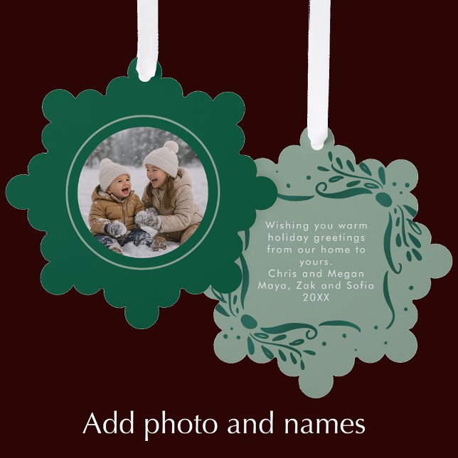 Modern Sage Hand Drawn Bows Christmas Photo Ornament Card (Add your photo and personalized message for a stylish modern Christmas ornament card or gift tag)