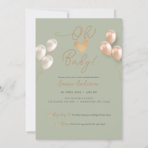 Modern Sage Heart Balloons Neutral Baby Shower Invitation