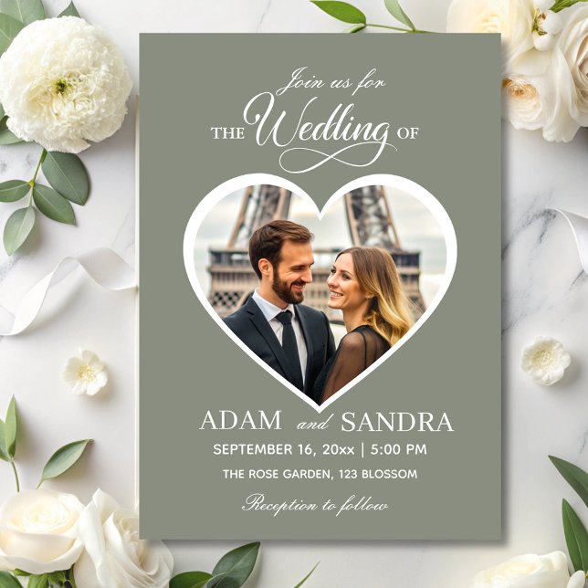 Modern Sage Heart Photo Elegant Script Wedding  Invitation (Creator Uploaded)