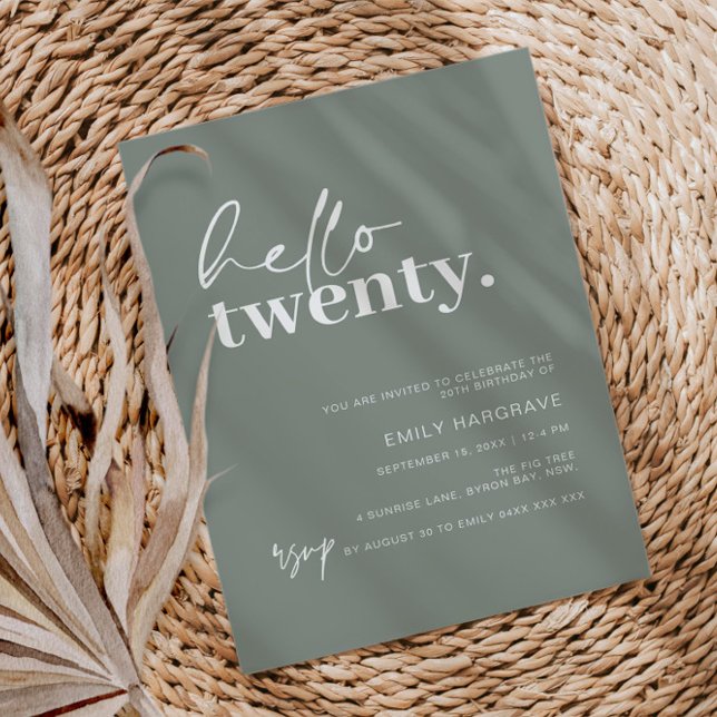 Modern Sage Hello Twenty 20th Birthday Party Invitation (Creator Uploaded)