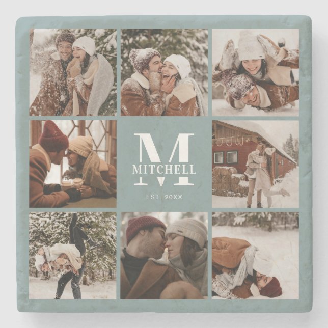 Modern Sage Monogram Initial Family Name &  Photo Stone Coaster (Front)