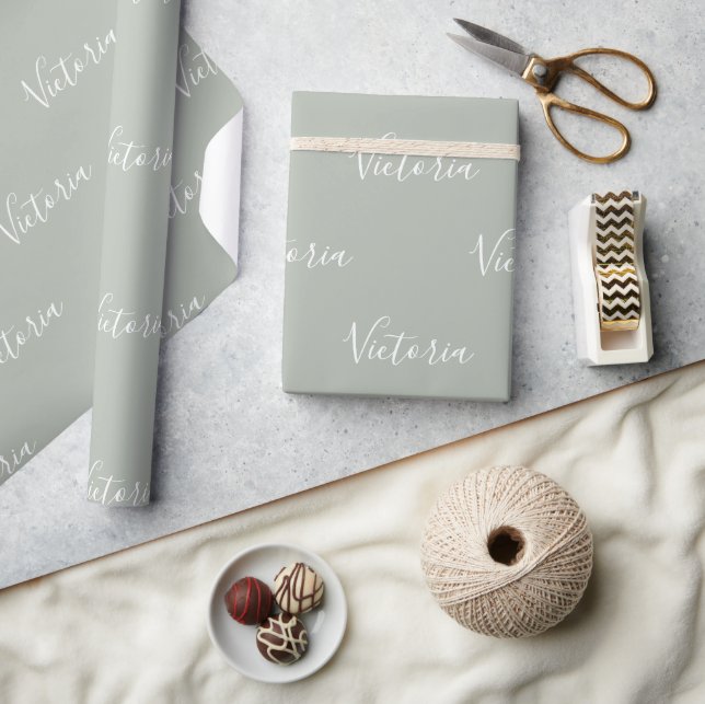Modern Sage Personalized Pastel Script Name  Wrapping Paper (Crafts)