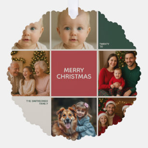 Modern Sage RED collage merry Christmas Ornament Card