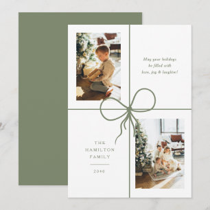 Modern Sage Ribbon Bow Wrap 2 Photo Christmas Holiday Card