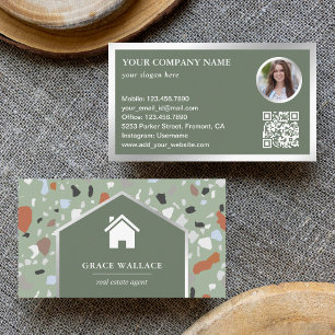Modern Sage Terrazzo Real Estate Photo QR Code Business Card