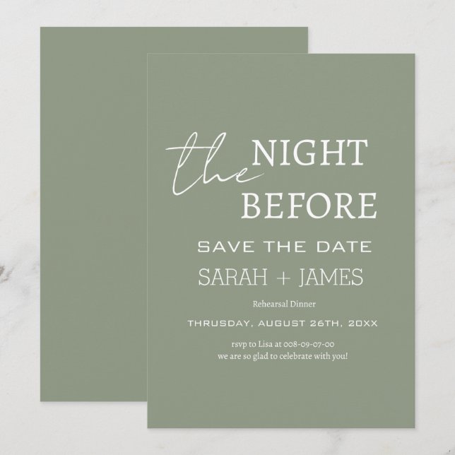 Modern Sage the Night Before Rehearsal Dinner  Save The Date (Front/Back)