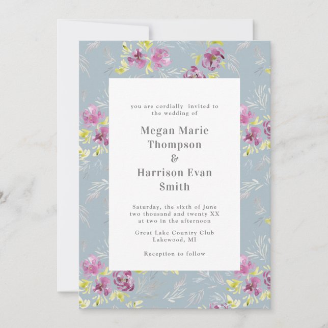 Modern Sage Watercolor Flower Wedding Invitation (Front)