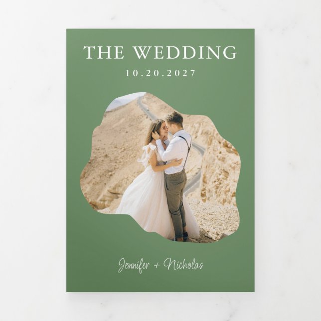 Modern Sage Wedding RSVP Details QR Code Photo Tri-Fold Invitation (Cover)