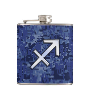 Modern Sagittarius Zodiac Sign Navy Digital Camo Hip Flask